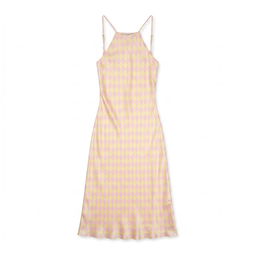 Olivia Rubin Pink Yellow Harlequin Diamond 100% Silk Slip Maxi | US 4